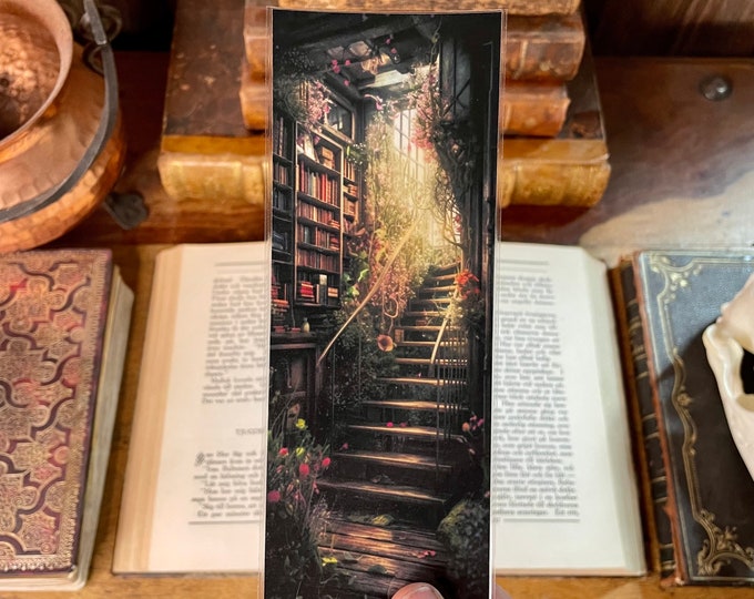 Overgrown Library bookmark,  illustration, Fantasy art, Book worm gift, Book lover, Pretty Stationery, cottagecore bookmarks
