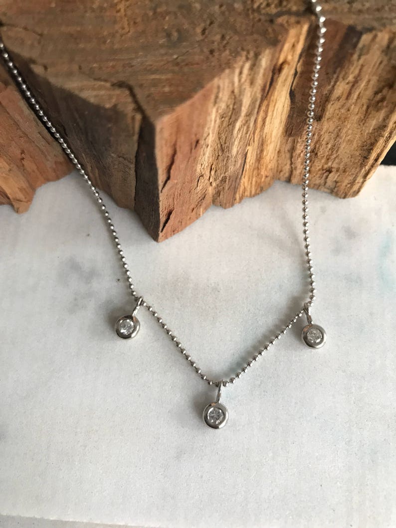 14K White Gold, Ball Chain, Diamond, Bezel, Necklace. Solid Gold