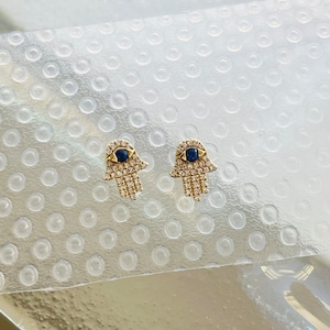Gold Hamsa Stud Earrings, Diamond Hamsa studs, hamsa jewelry, blue sapphire, evil eye, gold Hamsa, hamsa jewelry, Ashli Michael, hamsa,