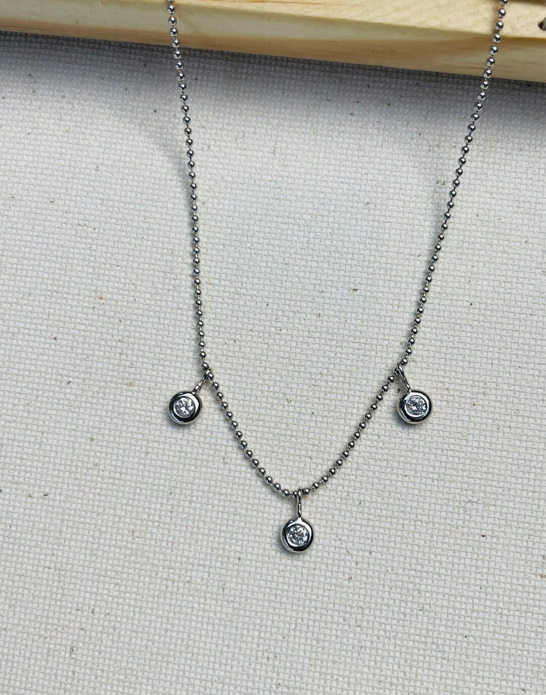 14K White Gold, Ball Chain, Diamond, Bezel, Necklace. Solid Gold