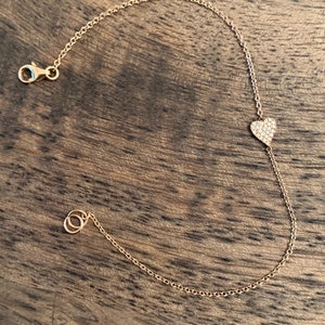 Diamond Heart Bracelet, 14K solid,  Rose Gold, pink gold heart, hearts bracelet, gifts for her, dainty jewelry, Diamond heart, gifts, gold