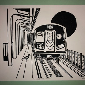 NYC Linocut Print: "El madrugador consigue el tren"