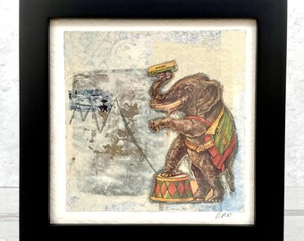 Framed Collage Art: Circus Elephant