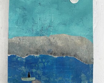 Original Collage Art: Night Fishing