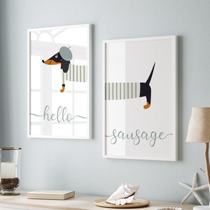 Set of 2 Sausage Dog Prints - Hello Sausage | Dachshund Prints, Dachshund Wall Art, Sausage Dog Print, Birthday Gift, Dog Lover