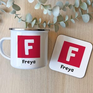 Kid&#39;s Personalised Enamel Mug and/or Coaster | Colourful Initial and Child&#39;s Name, Personalised, Birthday Gift, Cute, Present, Camping Mug
