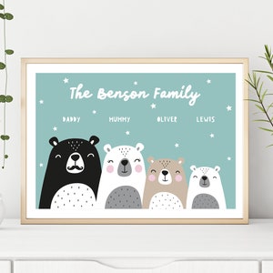 Personalised Family Print Framed or Print Only, Bear Family, Family Names, Cute Bears Print, Scandinavian Style, Home Wall Art, Bears Teal