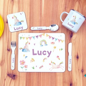 Personalised Kid's Dinner Set - Placemat, Coaster and/or Cutlery | Unicorns, Birthday Gift, Child's Name, Rainbow, Girly, Pink and Purple