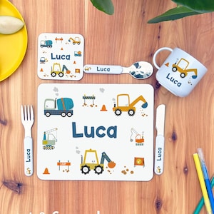 Personalised Kid's Dinner Set - Placemat, Coaster and/or Cutlery | Diggers & Dumpers, Birthday Gift, Child's Name, Excavator, Building Site