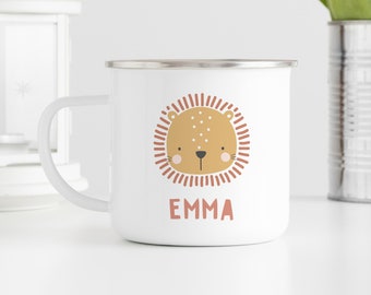 Kid's Personalised Enamel Mug | Cute Animal Face with Child's Name, Camping Mug, Tea Cup, Birthday Gift, Lion, Elephant, Tiger, Tin Cup