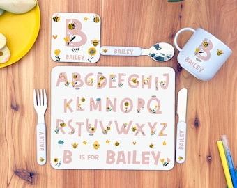 Personalised Kid's Dinner Set - Placemat, Coaster and/or Cutlery | Cute Honey Bee Design, Birthday Gift, Child's Name, Alphabet, Flowers