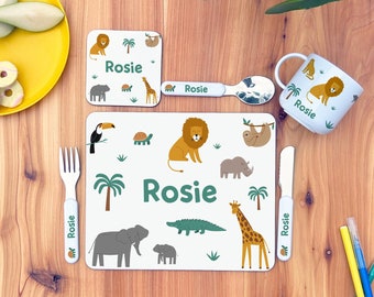 Personalised Kid's Dinner Set - Placemat, Coaster and/or Cutlery | Wild Animals, Birthday Gift, Child's Name, Lion, Giraffe, Safari, Zoo