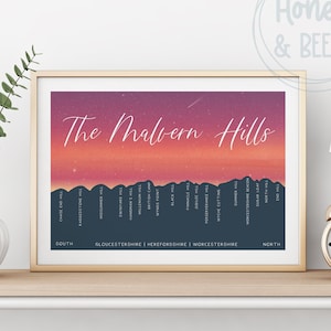 Malvern Hills at Night Print | Malvern Hills Outline, Diagram, Wall Art, The Malvern Hills, Great Malvern, Worcestershire, Sunset, Stars