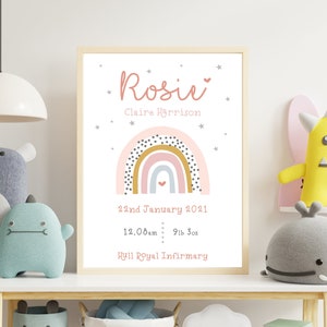 New Baby Print, Birth Print, Framed or Unframed, Personalised Baby Gift, Birth Details Print, Birth Stats, Pink Nursery Decor, Rainbow image 1