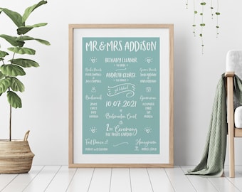 Wedding Day Details Print | Framed or Unframed, Personalised Wedding Gift, Marriage Details Print, Wedding Present, Anniversary Gift, Poster