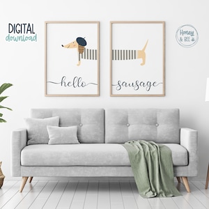 DIGITAL DOWNLOAD - Set of 2 Sausage Dog Prints, Hello Sausage, Dachshund Prints, Dachshund Wall Art, Sausage Dog Print