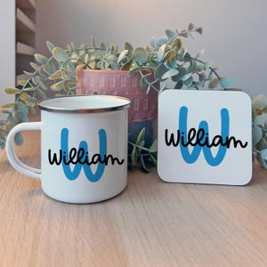 Kid&#39;s Personalised Enamel Mug and/or Coaster | Colourful Initial and Child&#39;s Name, Personalised, Birthday Gift, Cute, Present, Camping Mug