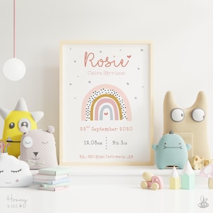 Impressão de recém-nascido: Impressão de nascimento personalizada, com ou sem moldura, presente para bebê, impressão de detalhes do nascimento, estatísticas de nascimento, decoração de berçário rosa, arco-íris