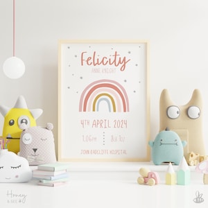 Personalisiertes neues Baby Druck: Gerahmt oder nur Druck | Geburtsdetails drucken | Baby Geschenk Geburten-Statistiken | Kinderzimmer Dekor | Wandkunst | Regenbogen