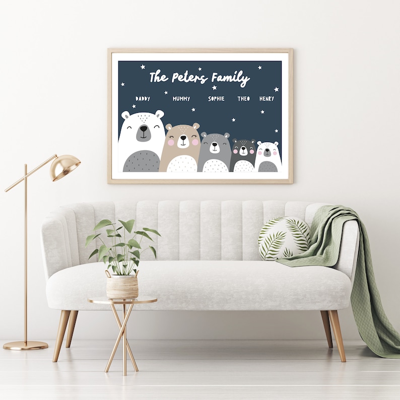 Personalised Family Print Framed or Print Only, Bear Family, Family Names, Cute Bears Print, Scandinavian Style, Home Wall Art, Bears Navy