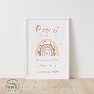 New Baby Print, Birth Print, Framed or Unframed, Personalised Baby Gift, Birth Details Print, Birth Stats, Pink Nursery Decor, Rainbow image 4