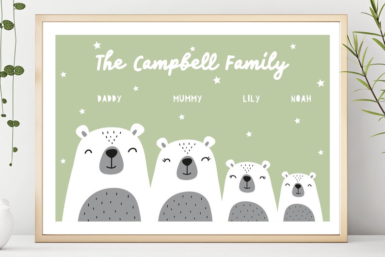 Personalised Family Print Framed or Print Only, Bear Family, Family Names, Cute Bears Print, Scandinavian Style, Home Wall Art, Bears image 6