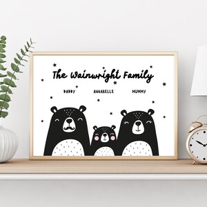 Personalised Family Print Framed or Print Only, Bear Family, Family Names, Cute Bears Print, Scandinavian Style, Home Wall Art, Bears Monochrome