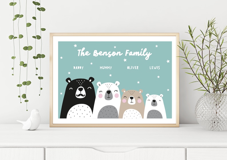 Personalised Family Print Framed or Print Only, Bear Family, Family Names, Cute Bears Print, Scandinavian Style, Home Wall Art, Bears Teal