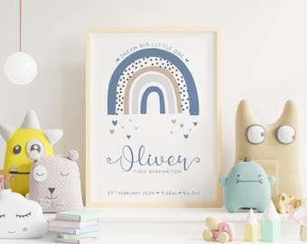 New Baby Print: Framed or Print Only | Personalised Gift | Christening Gift | Birth Details | Stats | Nursery Deco | Rainbow | Pink or Blue