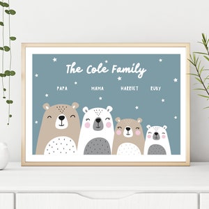 Personalised Family Print Framed or Print Only, Bear Family, Family Names, Cute Bears Print, Scandinavian Style, Home Wall Art, Bears Pigeon