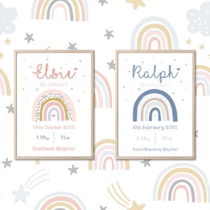 New Baby Print, Birth Print, Framed or Unframed, Personalised Baby Gift, Birth Details Print, Birth Stats, Pink Nursery Decor, Rainbow image 3