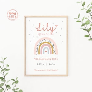 New Baby Print, Birth Print, Framed or Unframed, Personalised Baby Gift, Birth Details Print, Birth Stats, Pink Nursery Decor, Rainbow image 5