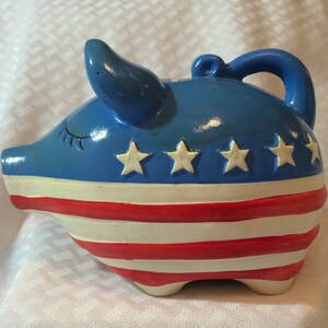 Red White and Blue Hand Painted Ceramic Piggy Bank. Vintage 6&quot; Approx.