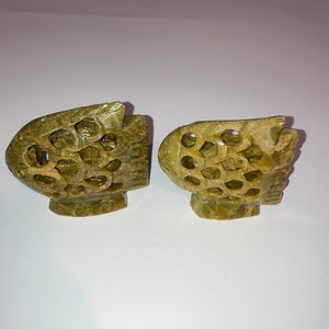 Pair of Collectible Hand Carved Green Natural Stone Fish with Holes