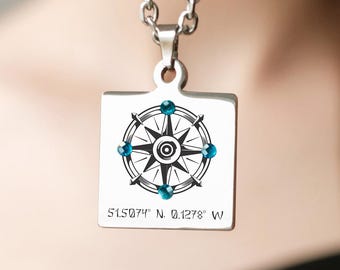 Halskette mit Gravur Kompass • Individuelle Halskette mit Koordinaten • Personalisierter Kompass Anhänger • Nordstern Halskette • Geschenk für Ihn