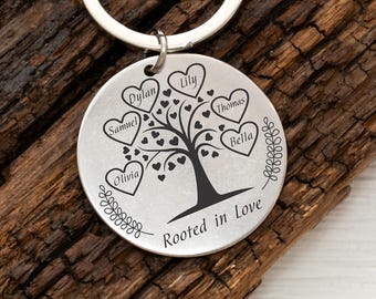 Stammbaum-Schlüsselanhänger verwurzelt in Liebe, personalisierte Namen, gravierter Stahl, Hochzeitsgeschenk