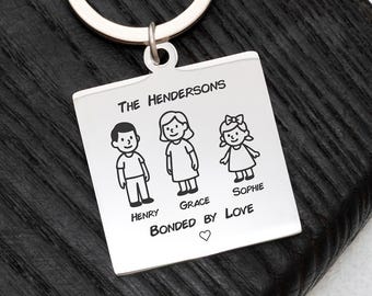 Personalisierte Familie Schlüsselbund Quadrat, individuell gravierte Namen, Edelstahl Geschenk