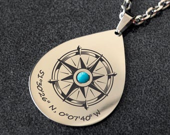 Personalisierte Kompass Halskette • Individuelle Halskette • Koordinaten Halskette • Kompass Anhänger • Geschenk für Sie • Geschenk für Ihn