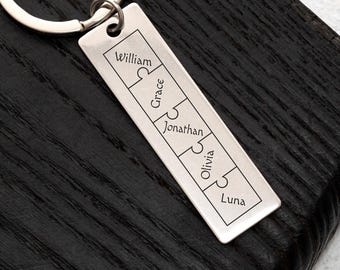 Puzzle Schlüsselanhänger, personalisierte Familiennamen, Edelstahl graviert, Geschenk für Mama