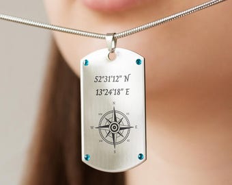 Gravur Koordinaten Kompass Halskette • Personalisierter Edelstahl Anhänger