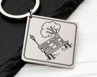 Paar Schlüsselbund, personalisierte Namen Parkbank, graviert Edelstahl, Liebesgeschenk