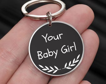 Handwriting Keychain for Dad, Black Engraved Disc, From Daughter, Stainless Steel