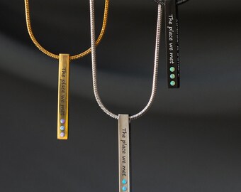Custom Coordinates Necklace • Engraved Stainless Steel Pendant, Gemstone Accent