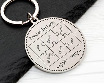 Familien Puzzle Schlüsselbund, personalisierte gravierte Namen, Edelstahl Paar Geschenk