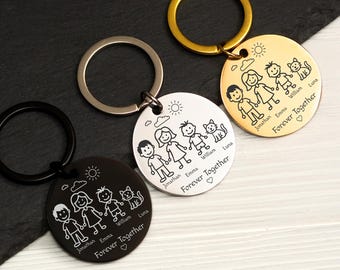Familie Schlüsselbund mit Namen, personalisierte Strichmännchen, gravierte Edelstahlscheibe