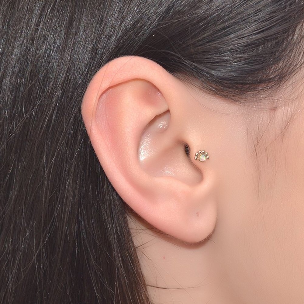 2mm White Opal Tragus Stud Gold 18g Forward Helix Earring
