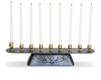 Tree of Life Glass Hanukkah Menorah In Modern Shades of Silver & Gray Colors Jewish Gifts