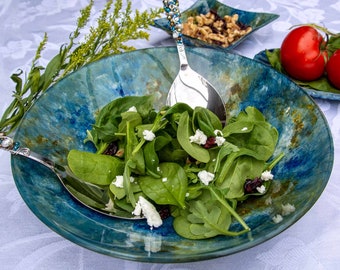 Handmade Glass Bowl In Blue Ocean Tones Large Serving Dish for Salad, Chip,s and  Unique Centerpiece Housewarming and Wedding gifts