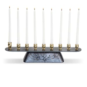 Tree of Life Glass Hanukkah Menorah In Modern Shades of Silver & Gray Colors Jewish Gifts