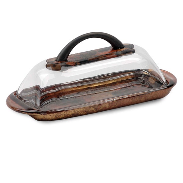 Butter Dish with Handle, Hand Painted Gold Copper Black for your Kitchen Dining and Serving Needs